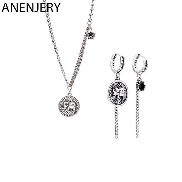 

anenjery elephant round disc thai silver jewelry sets s925 stamp silver color hoop earring necklace for women party jewelry set