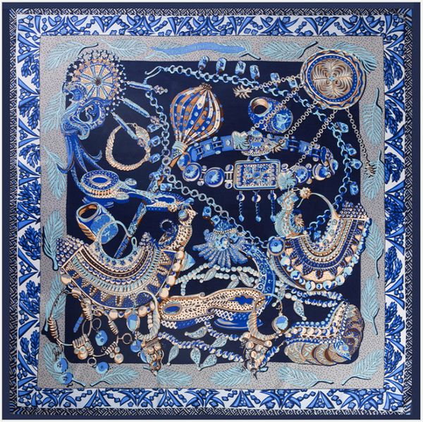 

new twill silk scarf women fashion large hijab silver embellished printing square scarves shawls wraps female foulard bandana 130cm*130cm, Blue;gray