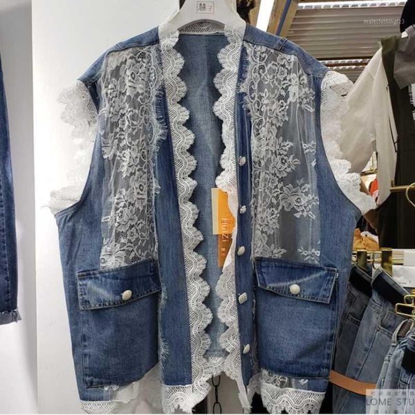 

women's vests loose big pocket lace stitching denim vest summer plus size women casual sleeveless jean jacket student basic coat1, Black;white