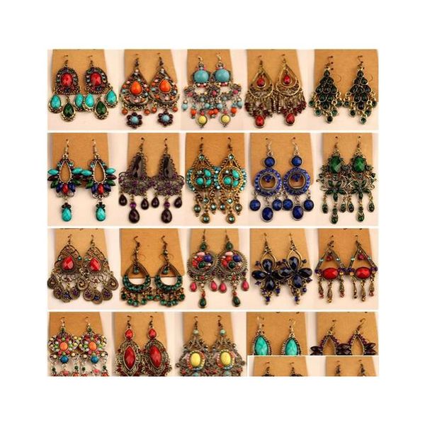 

2018 new fashion vintage tibetan silver/bronze resin gem diamond earrings bohemia style jewelry mixed 24 style 24pairs/lot fl3qe