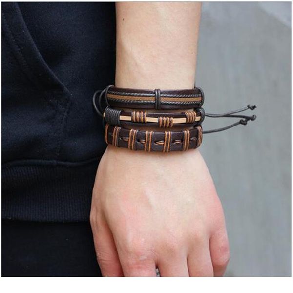 

6pcs/set fashion leather bracelet for men brown braid multilayer rope bracelets & bangles male pulseira masculina wmtbxv, Golden;silver