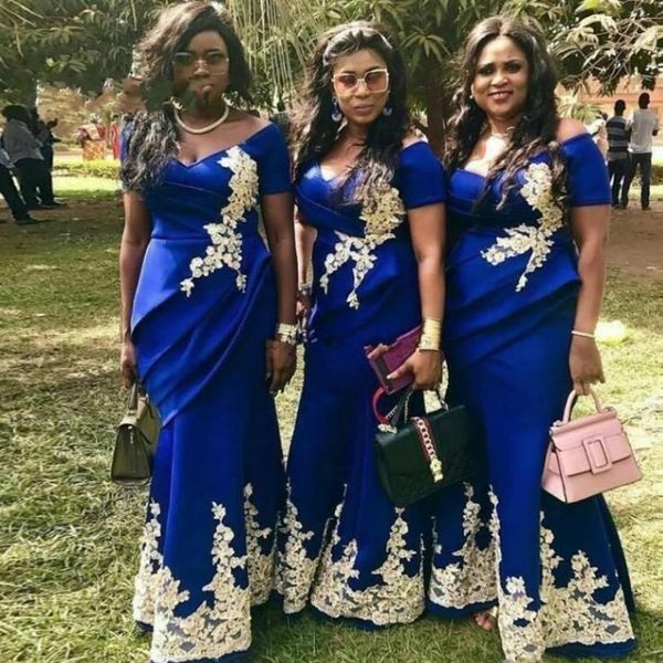 

2021 royal blue bridesmaid dresses off the shoulder short sleeves with gold lace applique floor length peplum ruched maid of honor gown, White;pink