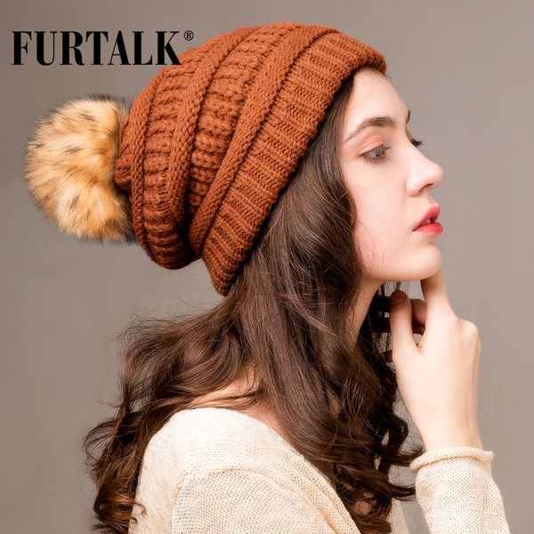 

furtalk autumn winter beanie hat for women knitted pompom hat slouchy beanie skullies for female black red yellow bonnet cap y200103, Blue;gray