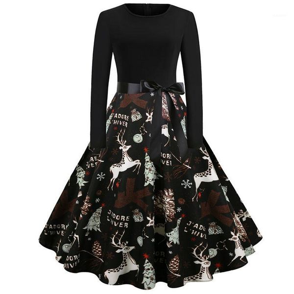 

women christmas dresses 2020 elegant print high waist knee-length party sundress long sleeve autumn winter clothing for female1, Black;gray