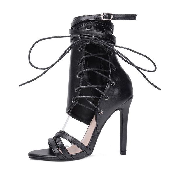 

2021 summer fine with sandals big yards high heels bind belt buckle roman shoes fashion women's shoes, Black
