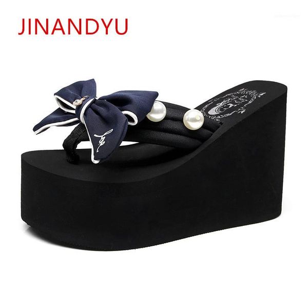 

slippers 2021 bowknot heeled flip flops women summer 11cm high heels wedge platform shoes sweet womens beach slippers1, Black