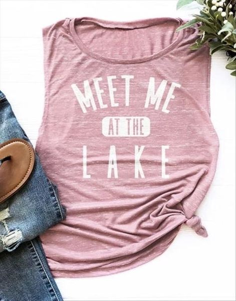 

fashion tank women summer sleeveless tee meet me at the lake letter print tank pink 2020 female tank ladies, White