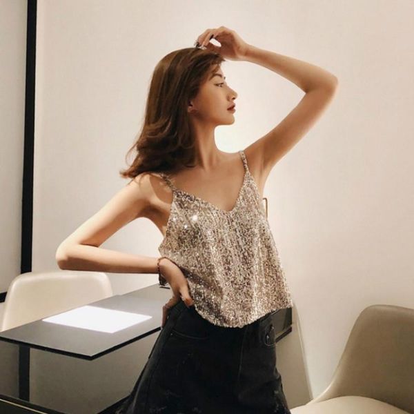 

women's tanks & camis womens tank silver sequin backless sleeveless glitter strappy ladies sparkle v-neck vest party clubwear, White