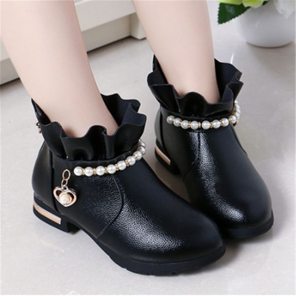 

kids boots for girls ankle pearls little girls boots pu leather soft warm kids shoes winter size 27-37 201113, Black;grey