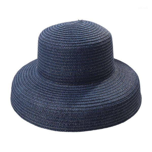 

women summer vintage straw sun hat bell shaped wide brim solid color uv protection travel floppy beach cap with chin strap1, Blue;gray
