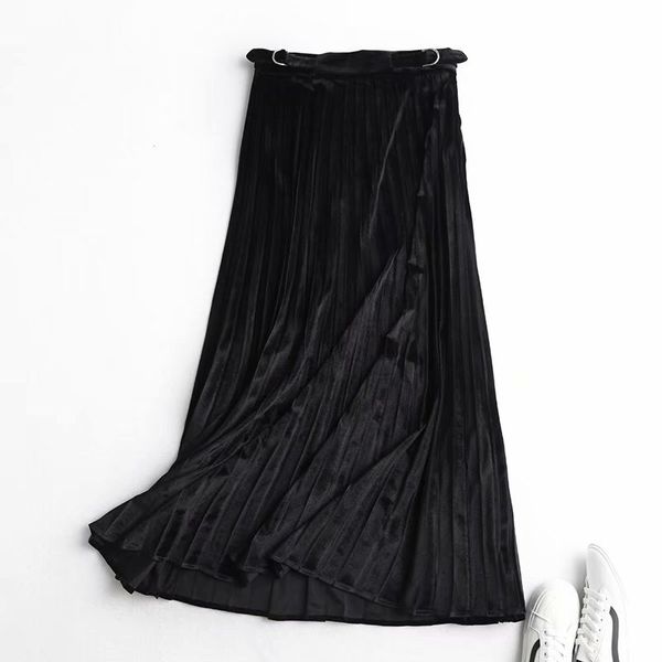 Moda di buona qualità Black Velvet Gonna pieghettata Donne Elegante inverno caldo Gonne di lunghezza della caviglia per la donna Slim da donna lungo Gonna Y1214