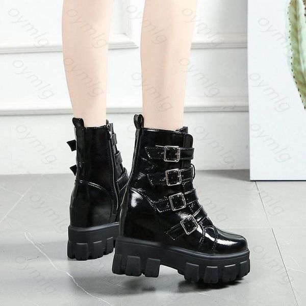 

boots fashion double buckle chunky women black patent leather platform ankle woman punk style hidden heels shoes