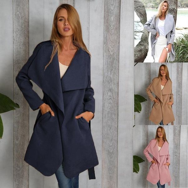 

europe and the united states foreign trade women's large lapel pocket strap loose medium woolen coat a large number of stock1, Black