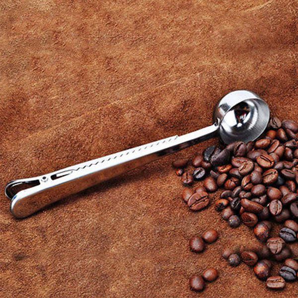 

useful cup tea tool stainless ground steel coffee measuring scoop spoon with bag sealing clip