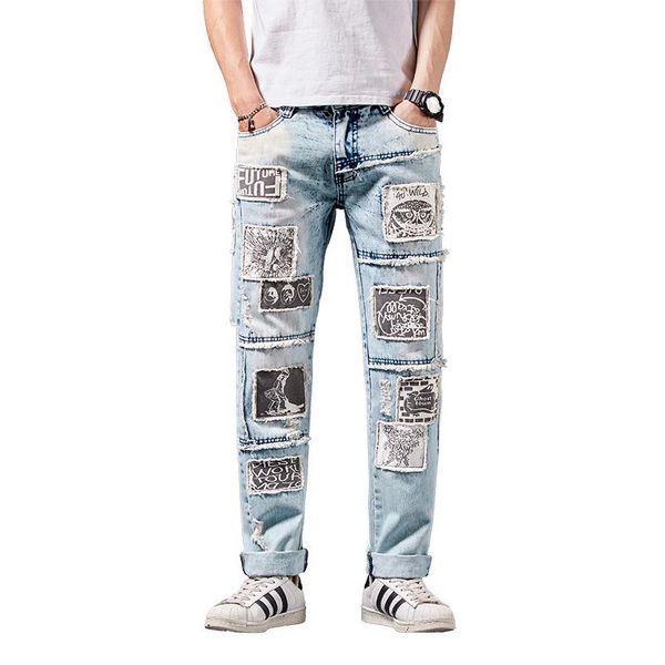 

mcikkny mens vintage ripped jeans trousers pattern patchwork denim pants for male streetwear, Blue