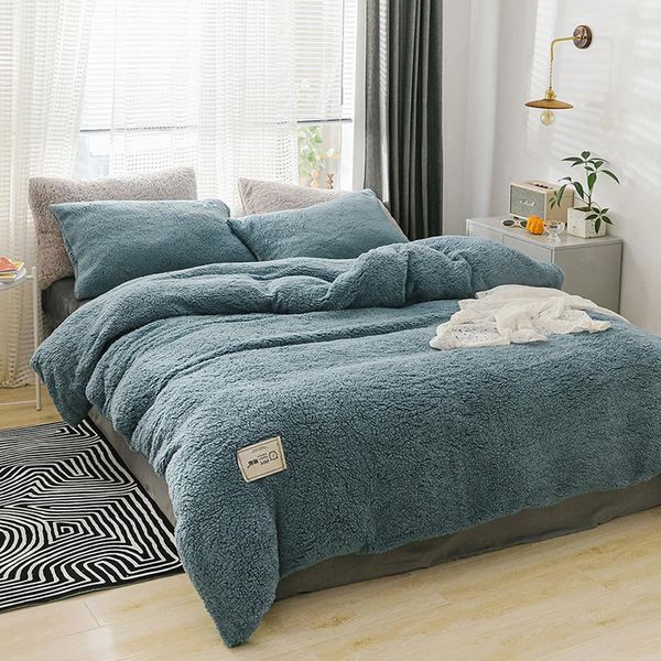 J Tessili per la casa Copripiumino 1 pz Federa 2 pezzi Set biancheria da letto invernale morbido copripiumino in cashmere di agnello caldo copripiumino in pile solido T200826