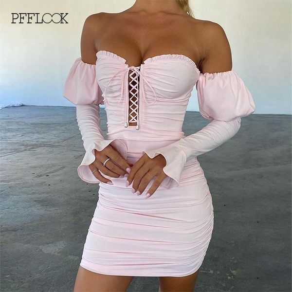 

pfflook off shoulder hollow out mini dress women ruched flare long sleeve bodycon dresses backless zipper solid party dress, Black;gray