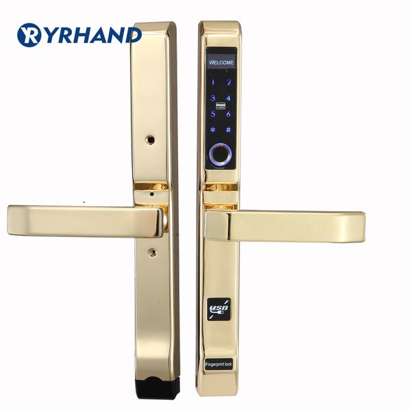 

broken bridge aluminium intelligent fingerprint lock for fly screen door aluminum alloy framed glass door in gold color