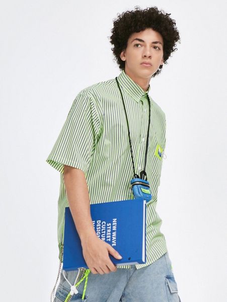 

men drop shoulder letter patch pocket striped shirt w07x#, White;black