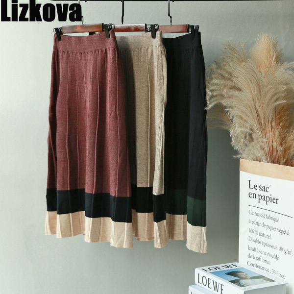 

lizkova autumn 2020 new pleated knitted midi skirt women harajuku style black patchwork vintage jupes 1014