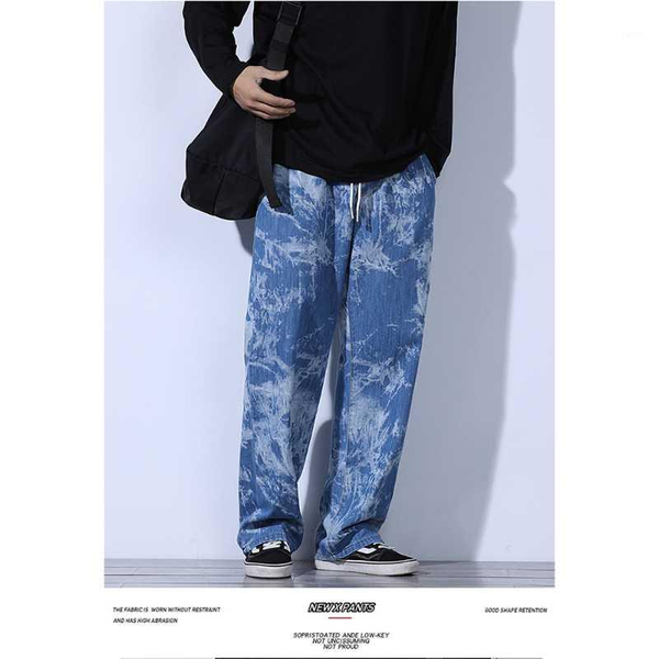 

summer thin tie-dye fashion autumn sense trousers men's jeans japanese loose straight-leg large size wide-leg pants1, Black