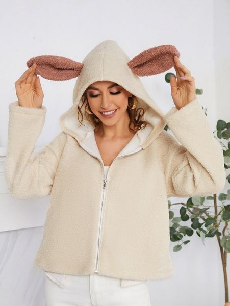 

3d ear design drop shoulder zipper hooded teddy jacket f3kv#, Black;brown