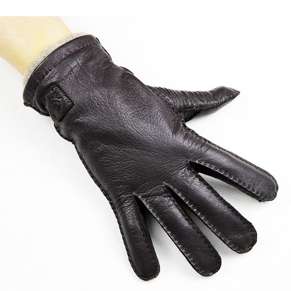 

new deerskin gloves men' hand-stitched straight style dark brown wool lining autumn warm leather gloves 201019, Blue;gray