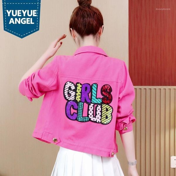 

loose streetwear womens spring korean denim jackets letter sequins single breasted pockets fashion casual short coats plus size1, Black;brown