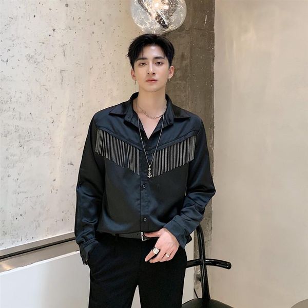 

men's casual shirts men metal tassel satin style long sleeve shirt male streetwear vintage fashion hip hop lovers stage clothing, White;black