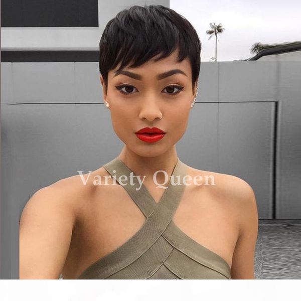 

pixie cut short human hair wig natural black rihanna cut wigs for black women african american celebrity wigs 2019 new sale, Black;brown