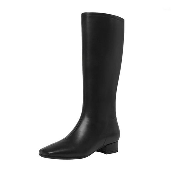 

genuine leather knee high boots women winter warm zipper party basic shoes woman riding boots square toe low heels1, Black
