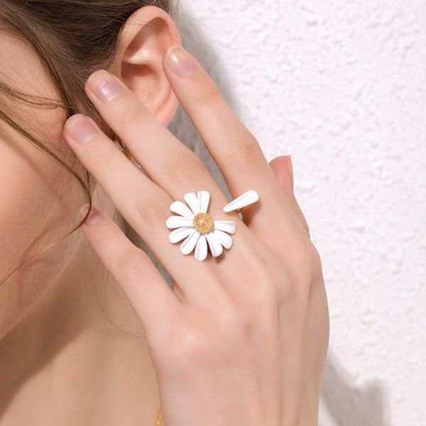 

aomu 2020 корея горячие стрелковому daisy flower open кольца для женщин белой краски обручальное кольцо мода ювелирные изделия подарки sqcqg, Silver