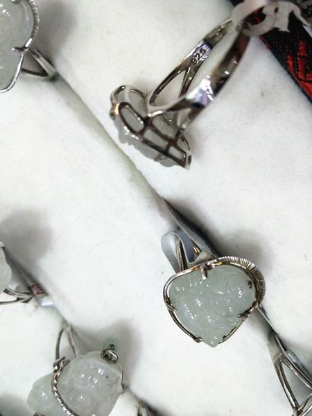 

925 sterling silver ring, the mythical wild animal ring inlaid jade white jade buddha, Golden;silver