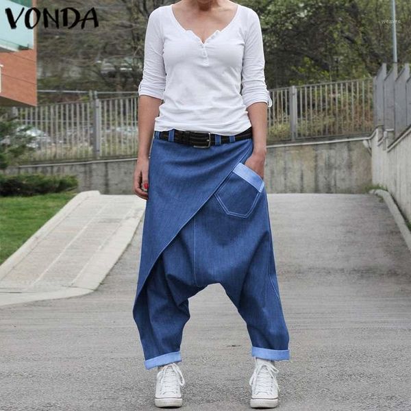 

women denim harem pants vonda 2020 female casual wide leg pants bohemian women's trousers plus size beach streetwear s-5xl1, Black;white