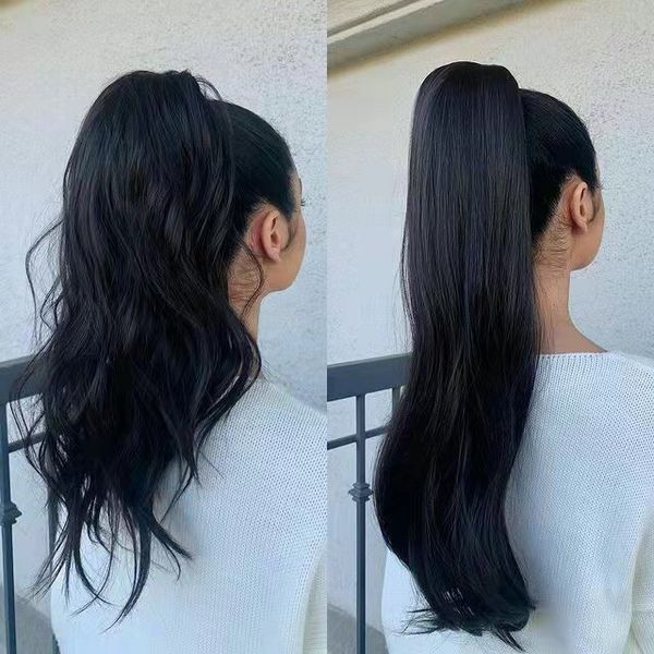 

premium quality human hair wrap drawstring ponytail natural wave brazilian hair extensions thick ends clip in pony tail 140g, Black
