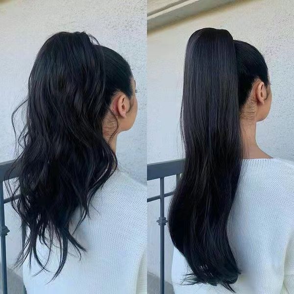 Premium qualidade humana cabelo envoltório cordão rabo de cavalo natural onda brasileira extensões de cabelo espesso ends clipe em pony cauda 140g