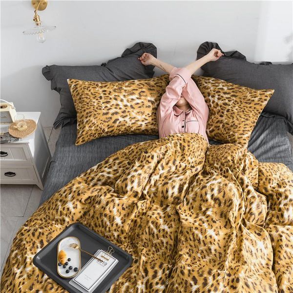 

cotton duvet cover pillowcases bedding comforter cover set pink yellow leopard print women girls gift twin  king size1
