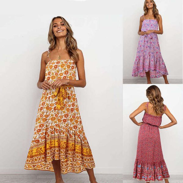

wear holiday new women's 2020 print bohemian high waist lace up strap floral dress, Black;gray