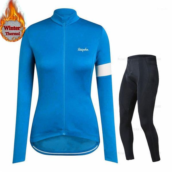 

lady cycling jersey set winter long sleeve clothing women thermal fleece cycle jacket kit fashion leisure uniform road bike suit1, Black;blue