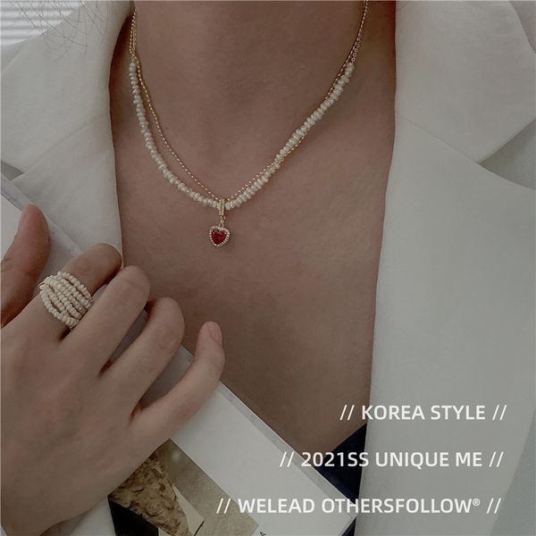 

korean freshwater pearl necklace metal red love diamond sen feminine, Silver
