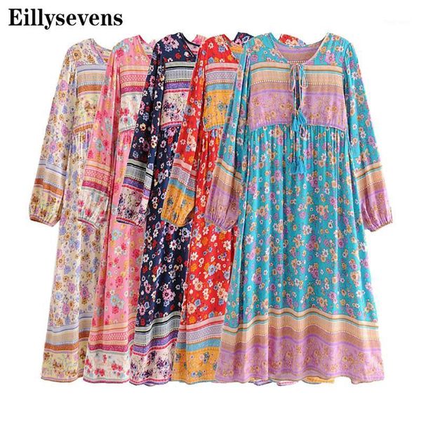 

fashion autumn women's bohemian floral printed tassels long sleeve loose long swing vintage party beach dresses vestidos#g31, Black;gray