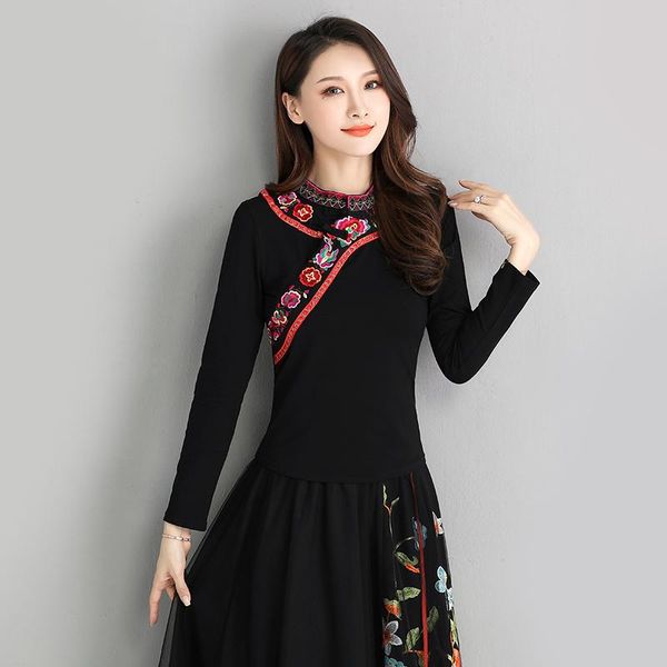 

kyqiao original blouse women autumn mexico style ethnic stand collar long sleeve green black red white embroidery blouse shirt