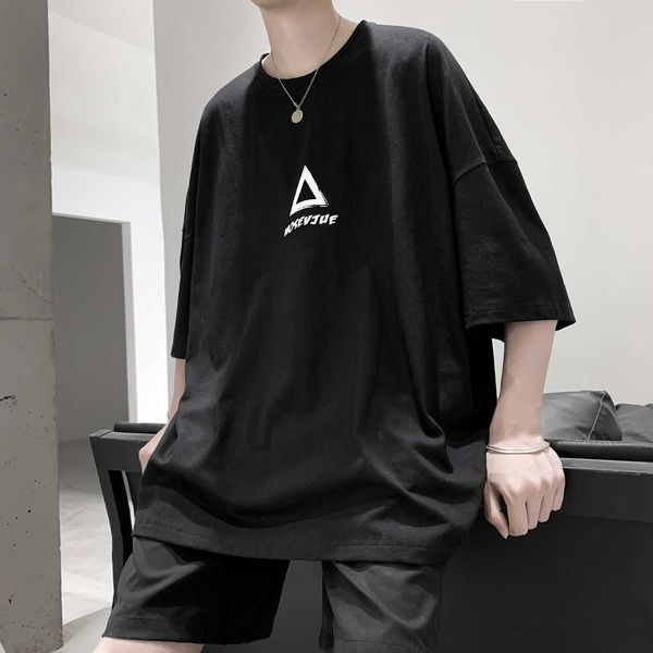 

short sleeve 2020 new men's fashion brand ins summer relaxed casual versatile triangle print 5-sleeve t-shirt, White;black