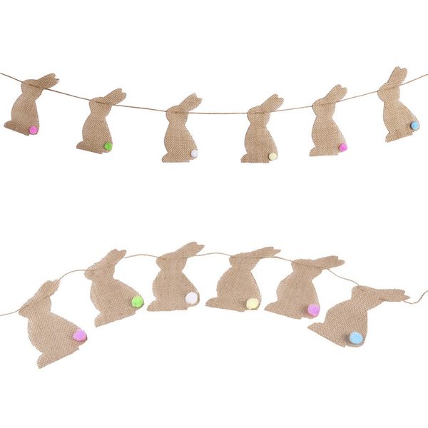 Feliz Páscoa Vintage Jute Bandeira Natural Burlap Banner para Páscoa Decorações Bunny Pattern Bunting Banner KKB3879