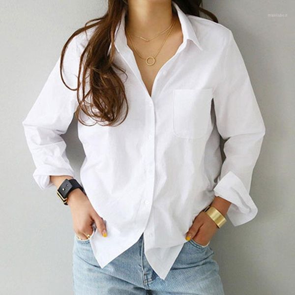 

2020 spring one pocket women white shirt female blouse long sleeve casual turn-down collar style women loose blouses1