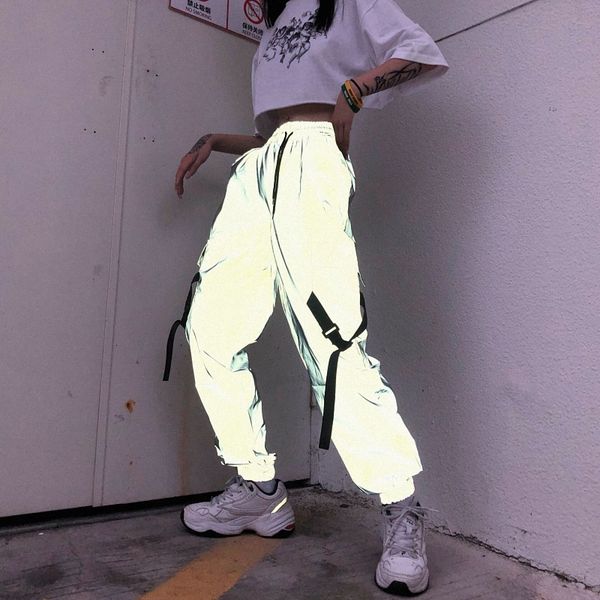 

2021 new high waist reflective hip-hop cargo pants women night club disco trousers with chain pockets streetwear joggers sweatpants 3d9, Black;white