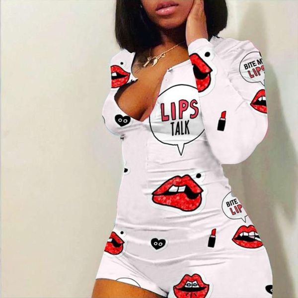 

rompers women sleepwear lip print long sleeve shorts jumpsuit 2020 romper and jumpsuit for women nightwear pajama playsuit, Black;white