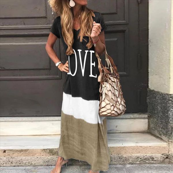 

2020 maxi long dress summer dress women letter print patchwork sundress casual loose plus size v neck vestidos, Black;gray