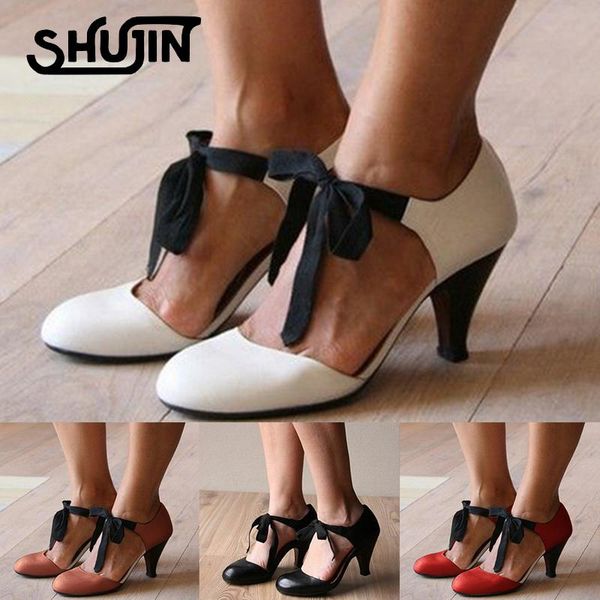 

shujin women pu leather sandals female shallow rome style shoes lace-up ladies mid heel sandals autumn elegant bow shoes, Black