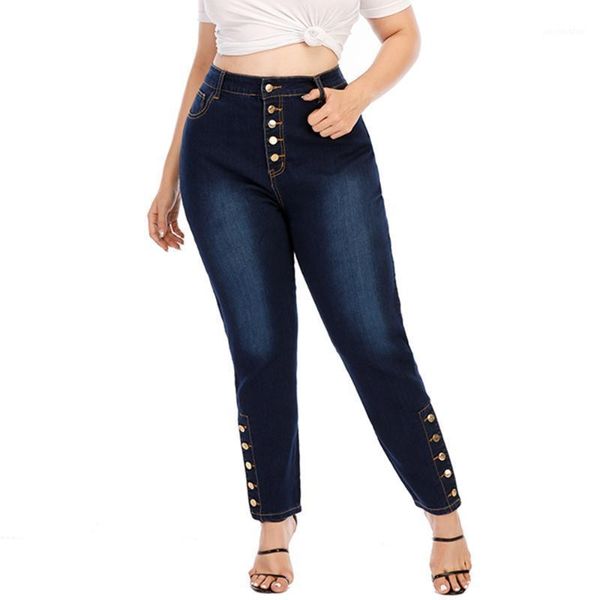

5xl plus size jeans woman high waist pants pocket button mom jeans femme skinny elastic trouser denim pencil pants stretch1, Blue